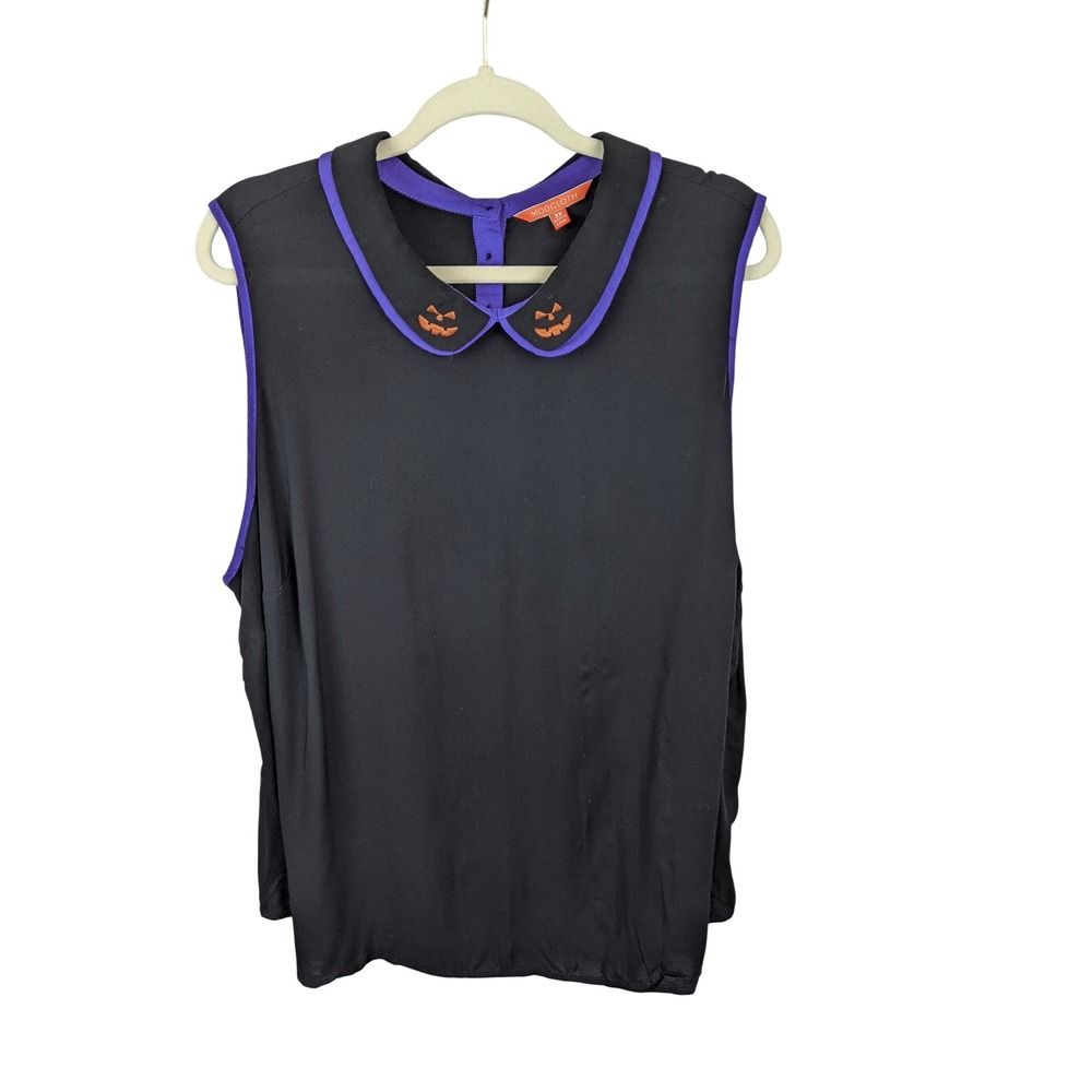 ModCloth Halloween Pumpkin Embroidered Peter Pan Collar Sleeveless Top 3X Black